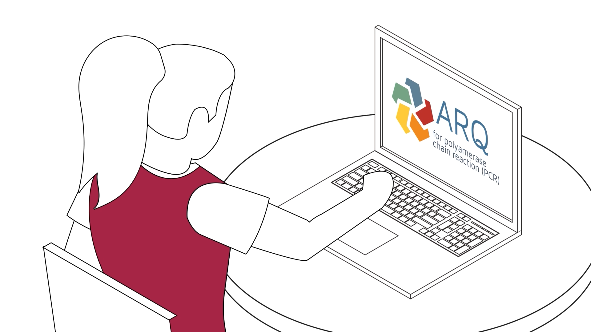 Illustration of woman at a table on a laptop with ARQ on the screen
