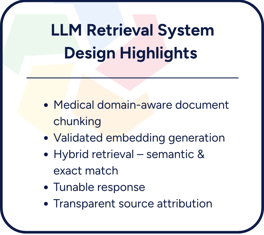 LLM Retrieval System Indigo Design Highlights: Medical domain-aware document chunking Validated embedding generation Hybrid retrieval – semantic & exact match Tunable response Transparent source attribution